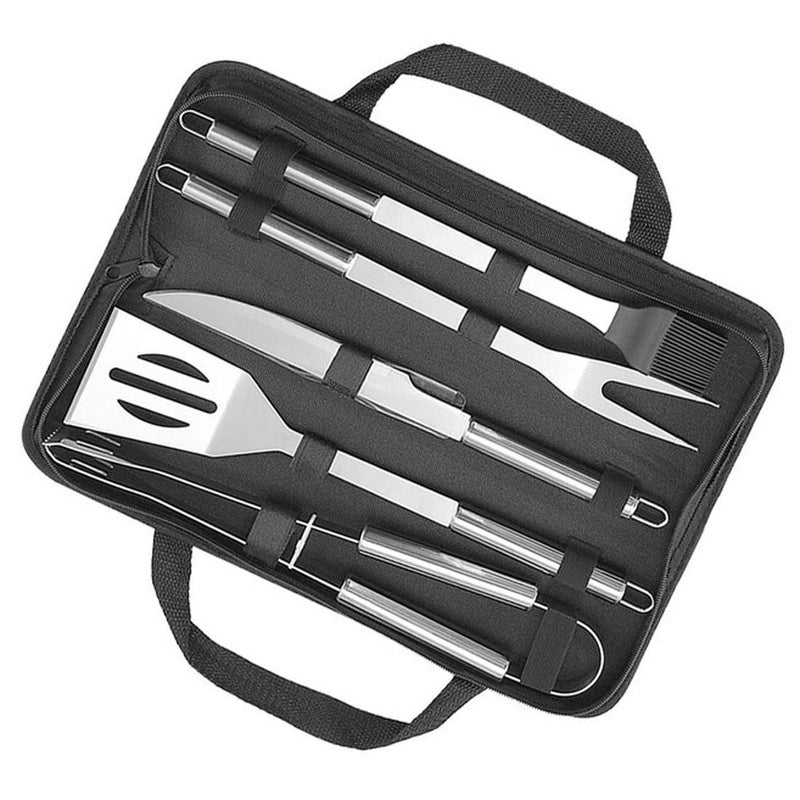 LOMESH Stainless Steel BBQ Grill Tool Set of 5 Pcs Included BBQ Brush Knife ForkShovel with Storage Bag Silver Color - Image 1