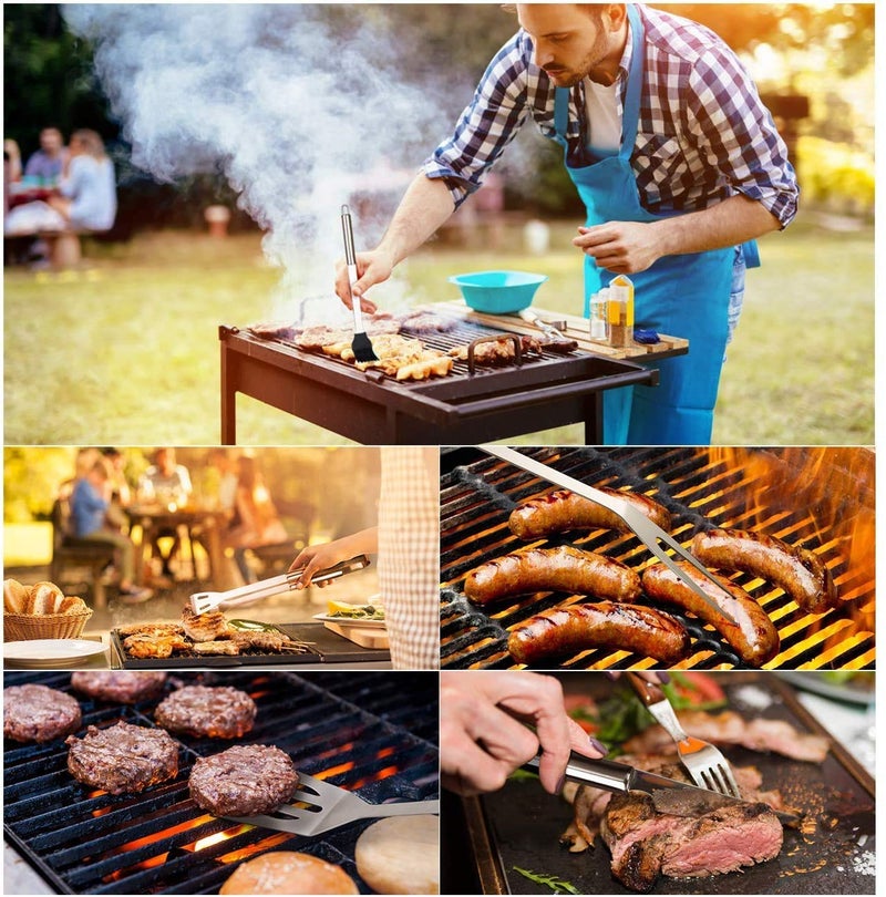 LOMESH Stainless Steel BBQ Grill Tool Set of 5 Pcs Included BBQ Brush Knife ForkShovel with Storage Bag Silver Color - Image 3