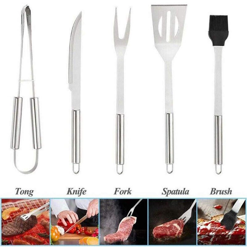 LOMESH Stainless Steel BBQ Grill Tool Set of 5 Pcs Included BBQ Brush Knife ForkShovel with Storage Bag Silver Color - Image 2