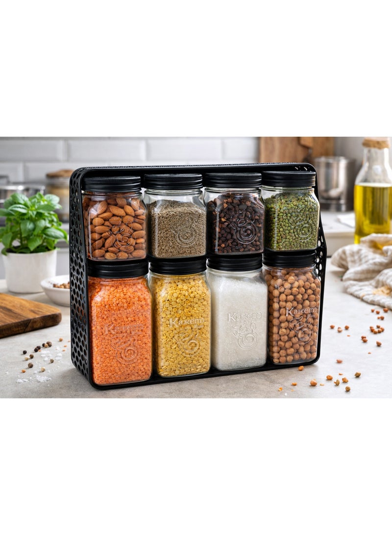 طقم برطمانات وعلب تخزين توابل وبهارات وبقوليات زجاج 8 قطع بمقاسين مختلفين مع حامل منظم ذو دورين - أسود/شفاف - Image 2