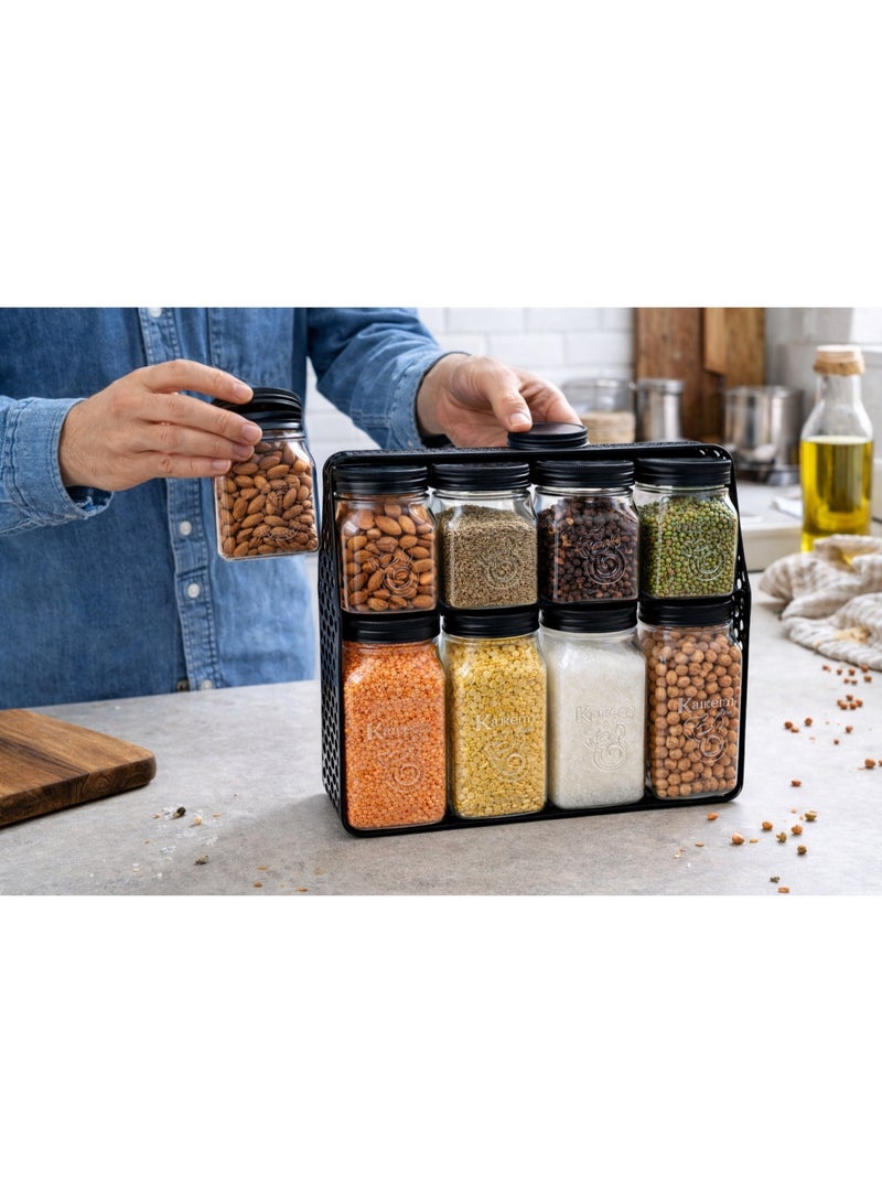 طقم برطمانات وعلب تخزين توابل وبهارات وبقوليات زجاج 8 قطع بمقاسين مختلفين مع حامل منظم ذو دورين - أسود/شفاف - Image 1