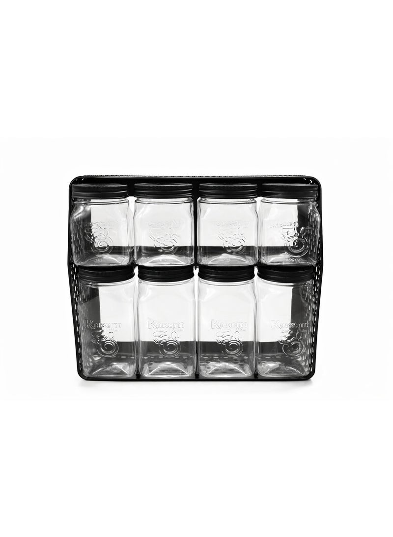 طقم برطمانات وعلب تخزين توابل وبهارات وبقوليات زجاج 8 قطع بمقاسين مختلفين مع حامل منظم ذو دورين - أسود/شفاف - Image 3