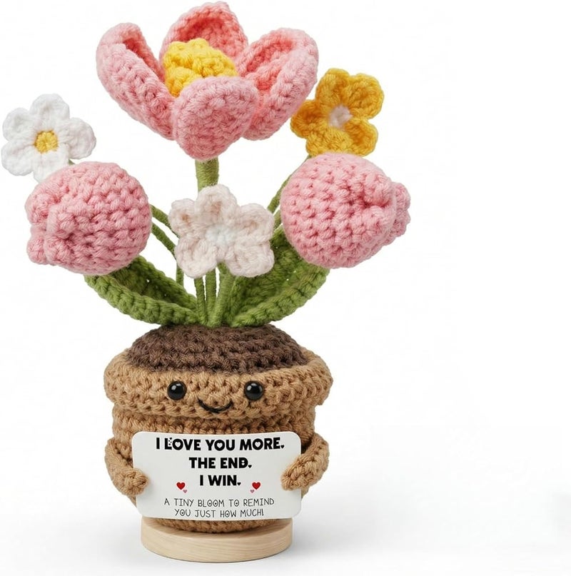 AIMSTYTO Emotional Support Crochet Tulip Flower Doll with Positive Affirmation Card - Handmade Knitted Potted Plant Desk Decor, Motivational Gift (I LOVE YOU MORE) - Image 1