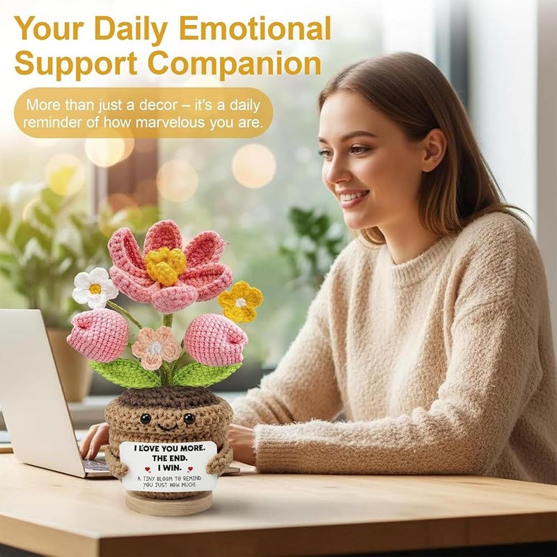 AIMSTYTO Emotional Support Crochet Tulip Flower Doll with Positive Affirmation Card - Handmade Knitted Potted Plant Desk Decor, Motivational Gift (I LOVE YOU MORE) - Image 5