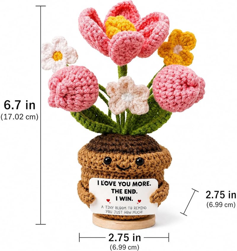 AIMSTYTO Emotional Support Crochet Tulip Flower Doll with Positive Affirmation Card - Handmade Knitted Potted Plant Desk Decor, Motivational Gift (I LOVE YOU MORE) - Image 4