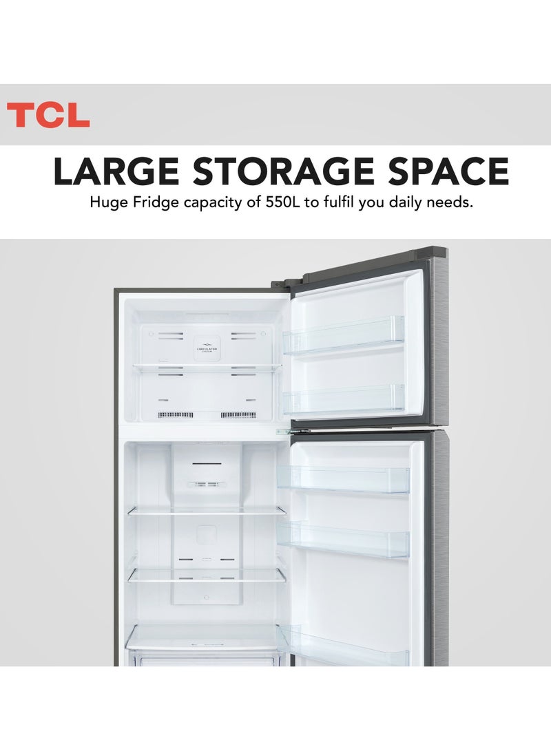 TCL Double Door Top Mount Refrigerator No Frost Fridge And Freezer With Led Display And Touch Control Interior Led Light And Large Crisper Drawer With Humidity Control 550 L P550TMN Silver - Image 2