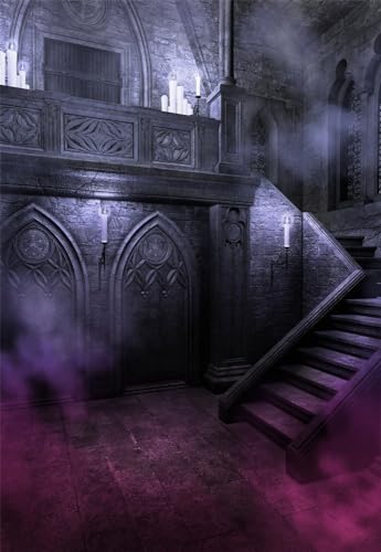AOFOTO 5x7ft Gloomy Gothic Style Castle Stairs Backdrop for Photography Scary Room Halloween Night Horrible Haunted House Interior Stone Wall Background Vampire Ghost Theme Decors Photo Shoot Props - Image 1
