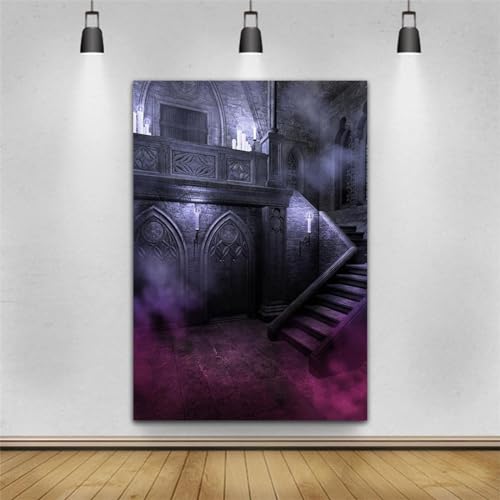 AOFOTO 5x7ft Gloomy Gothic Style Castle Stairs Backdrop for Photography Scary Room Halloween Night Horrible Haunted House Interior Stone Wall Background Vampire Ghost Theme Decors Photo Shoot Props - Image 3