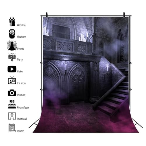 AOFOTO 5x7ft Gloomy Gothic Style Castle Stairs Backdrop for Photography Scary Room Halloween Night Horrible Haunted House Interior Stone Wall Background Vampire Ghost Theme Decors Photo Shoot Props - Image 2