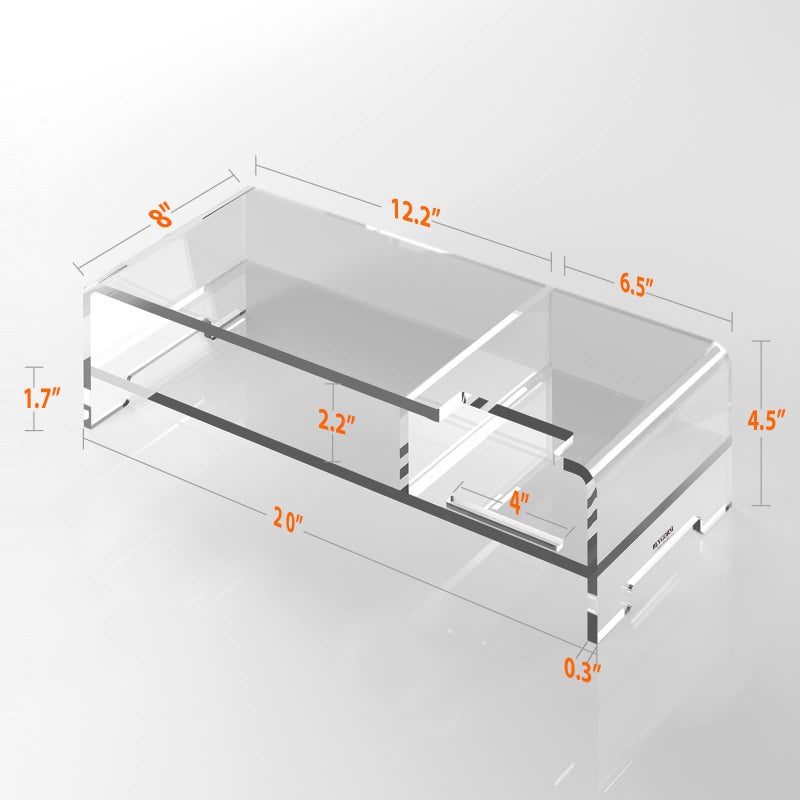 BEYGORM Acrylic Monitor Stand for Full Keyboard, 20" Wide 2-Tier Riser with Storage Shelf and Phone Holder, Desktop Organizer for Laptop, Printer, Screen (Clear) - Image 2