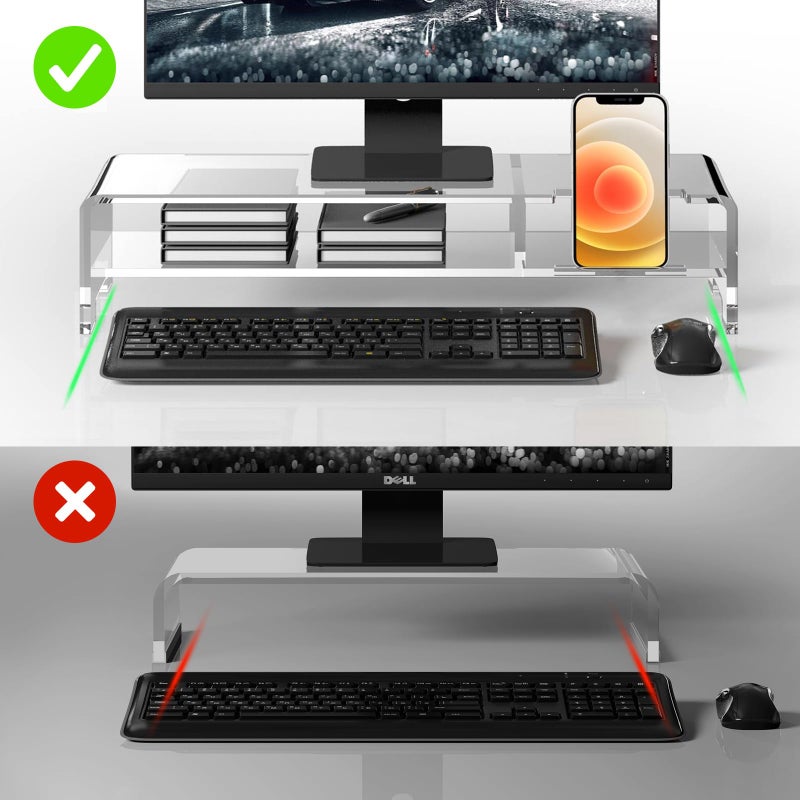 BEYGORM Acrylic Monitor Stand for Full Keyboard, 20" Wide 2-Tier Riser with Storage Shelf and Phone Holder, Desktop Organizer for Laptop, Printer, Screen (Clear) - Image 3