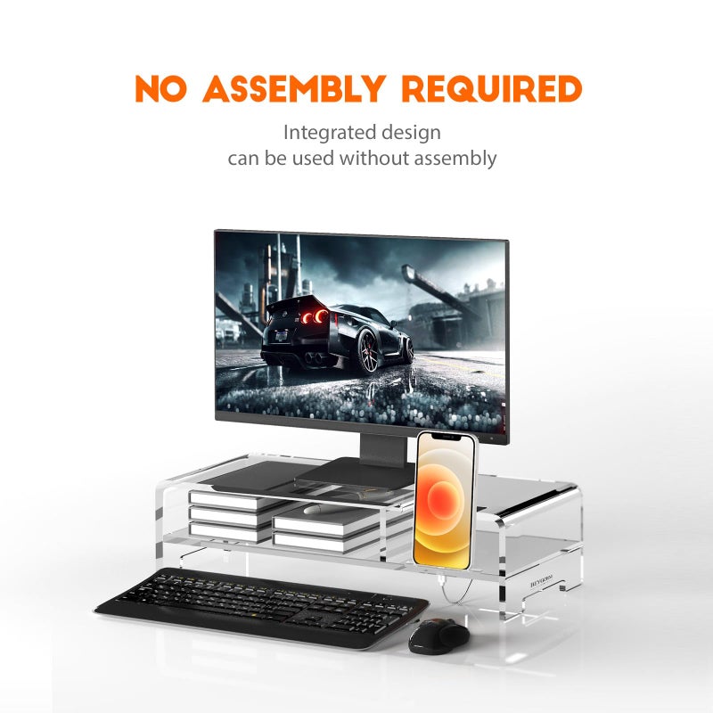 BEYGORM Acrylic Monitor Stand for Full Keyboard, 20" Wide 2-Tier Riser with Storage Shelf and Phone Holder, Desktop Organizer for Laptop, Printer, Screen (Clear) - Image 4