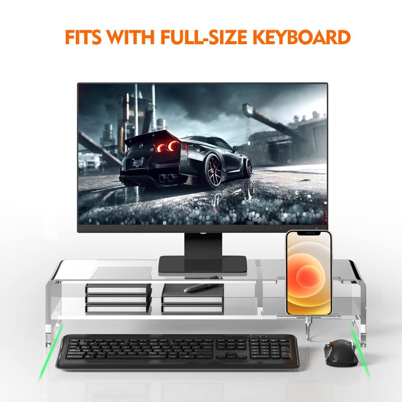 BEYGORM Acrylic Monitor Stand for Full Keyboard, 20" Wide 2-Tier Riser with Storage Shelf and Phone Holder, Desktop Organizer for Laptop, Printer, Screen (Clear) - Image 5