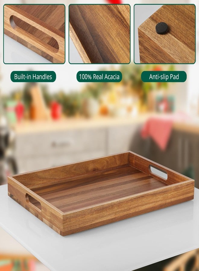 dreamkey 2 Pack Acacia Wood Serving Tray with Handles - 17 Inch Large Wooden Tray for Ottoman, Breakfast in Bed, Dinner, Coffee Table - Image 5