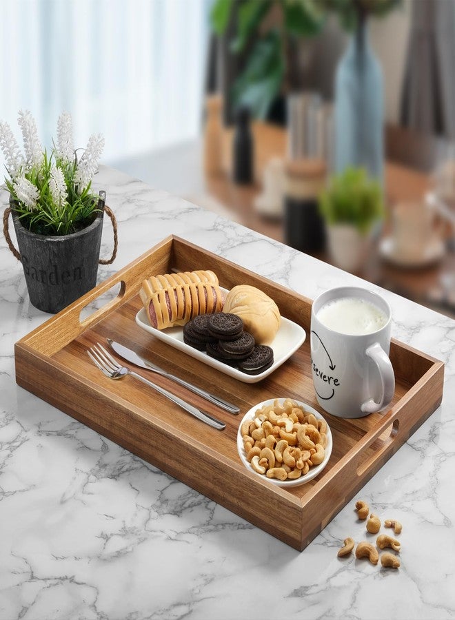 dreamkey 2 Pack Acacia Wood Serving Tray with Handles - 17 Inch Large Wooden Tray for Ottoman, Breakfast in Bed, Dinner, Coffee Table - Image 2