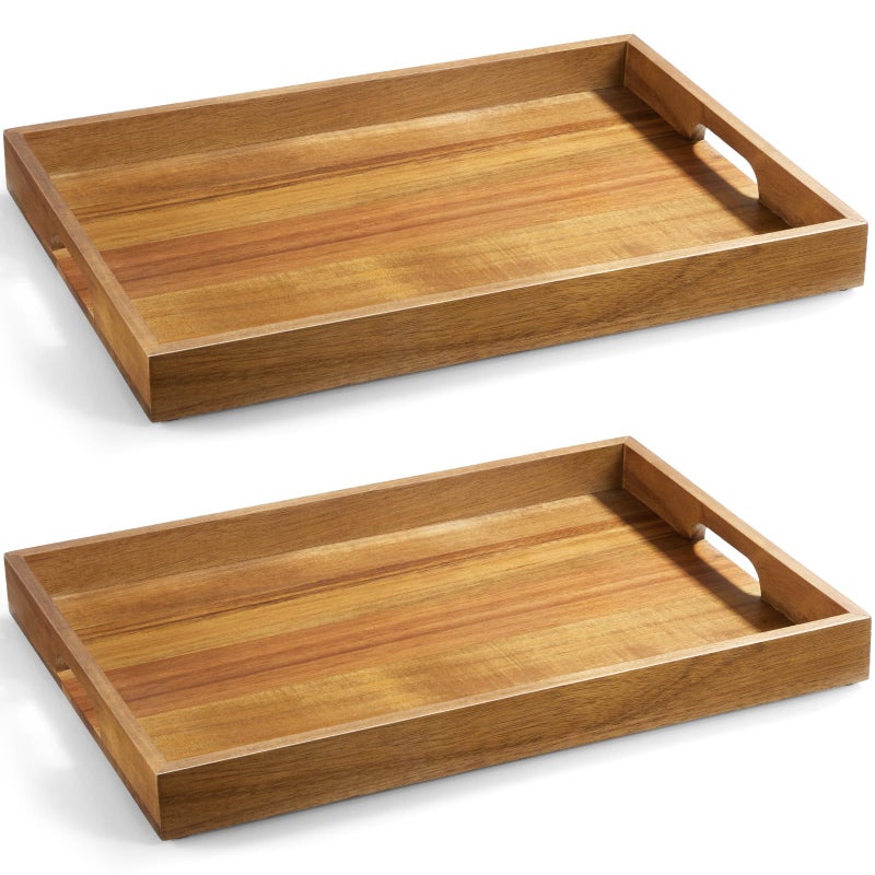dreamkey 2 Pack Acacia Wood Serving Tray with Handles - 17 Inch Large Wooden Tray for Ottoman, Breakfast in Bed, Dinner, Coffee Table - Image 1