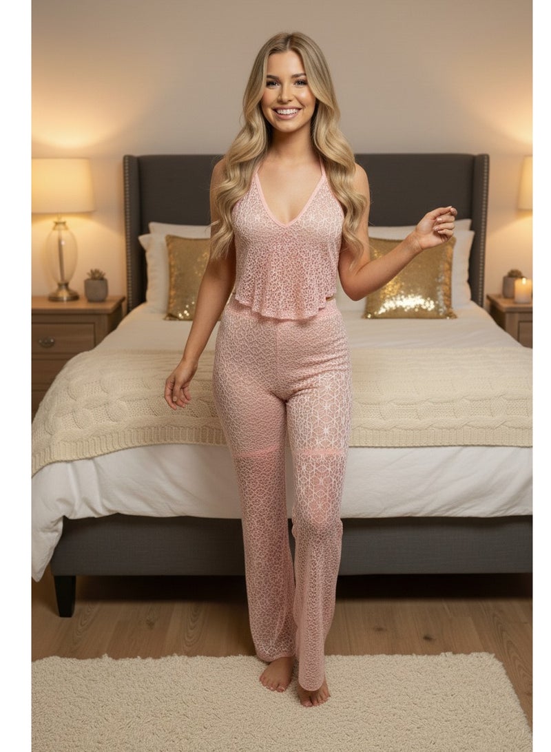 طقم بيجامة نسائية بجزء علوي من الدانتيل مع بنطلون واسع الساق - Image 1