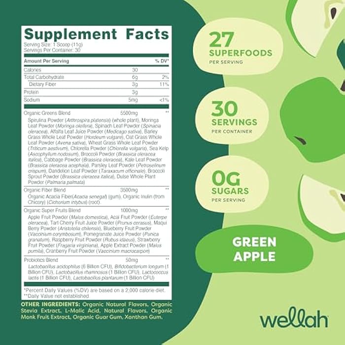 Wellah Leaf, Laugh, Love Super Greens Powder (Green Apple) 30 Servings - Superfood Supplement Drink Mix - Image 2