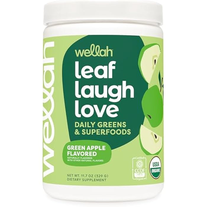 Wellah Leaf, Laugh, Love Super Greens Powder (Green Apple) 30 Servings - Superfood Supplement Drink Mix - Image 1