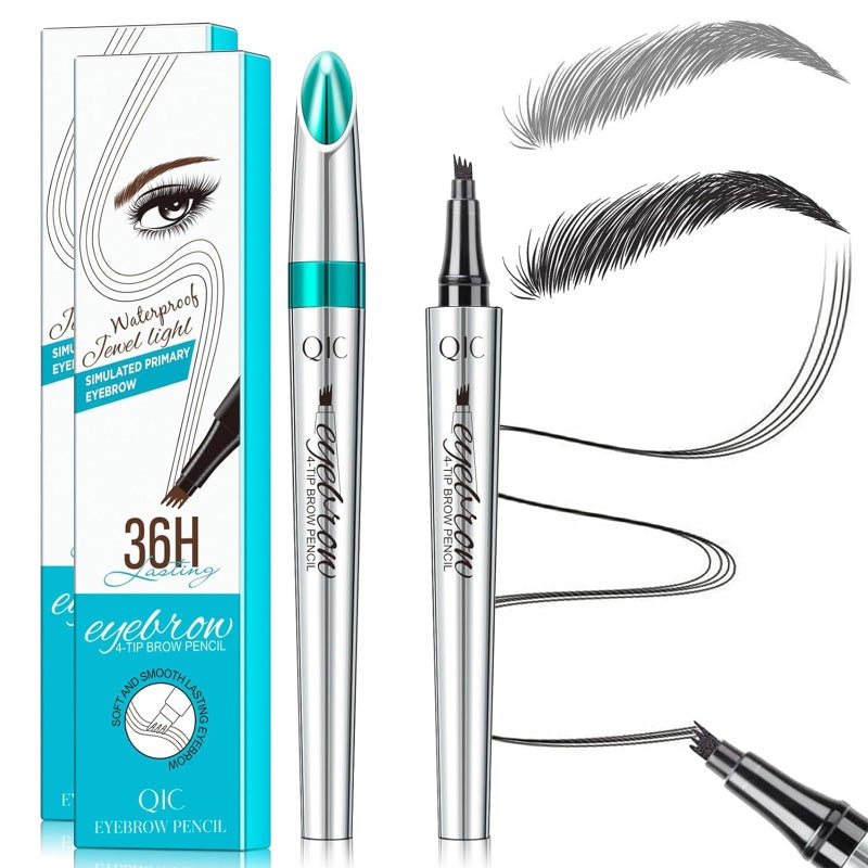 Microblading Eyebrow Pencil, Eyebrow Pen with an Upgrade Micro-Fork Tip Applicator, Waterproof Long-Lasting Microblading Eyebrow Pen for Natural Looking Brows Makeup (Gray/Black)