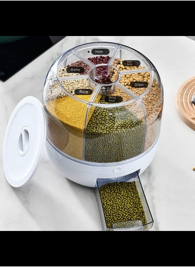 Cereal Box, 8.2 Quart Rotatable Rice Box, 6 Compartment Dry Grain Box with Measuring Cup, Kitchen Small Grains, Beans