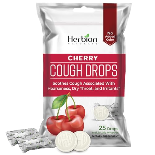 HERBION Naturals Cough Drops with Natural Cherry Flavor, Dietary Supplement, Soothes Cough, for Adults and Children Over 6 Years, 25 Drops, No Artificial Flavor, Pack of 1 - Image 1