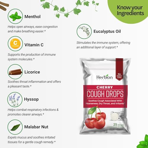 HERBION Naturals Cough Drops with Natural Cherry Flavor, Dietary Supplement, Soothes Cough, for Adults and Children Over 6 Years, 25 Drops, No Artificial Flavor, Pack of 1 - Image 2