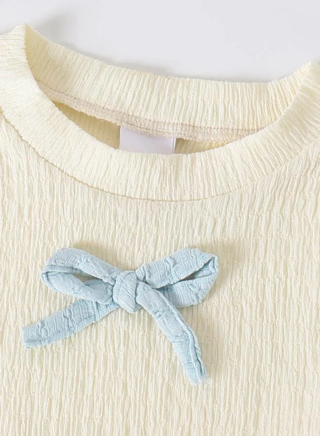 Take Two White Girls Texture Bow Detail Lettuce Edge Top And Shorts Set for Women | Best Price UAE