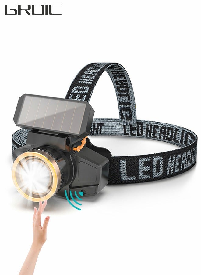 GROIC Solar Headlamp Rechargeable Head lamp with Sensor, 3 Modes Lightweight Waterproof Headlight for Hiking, Camping, Working, Running, Cycling, Fishing - Image 1