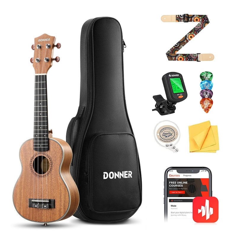Donner Soprano Ukulele Mahogany Wood 21 inch Ukelele Beginner Kit with Free Online Lesson Gig Bag Strap Nylon String Tuner Picks Ukalalee Yukalalee Bundle Pack DUS200