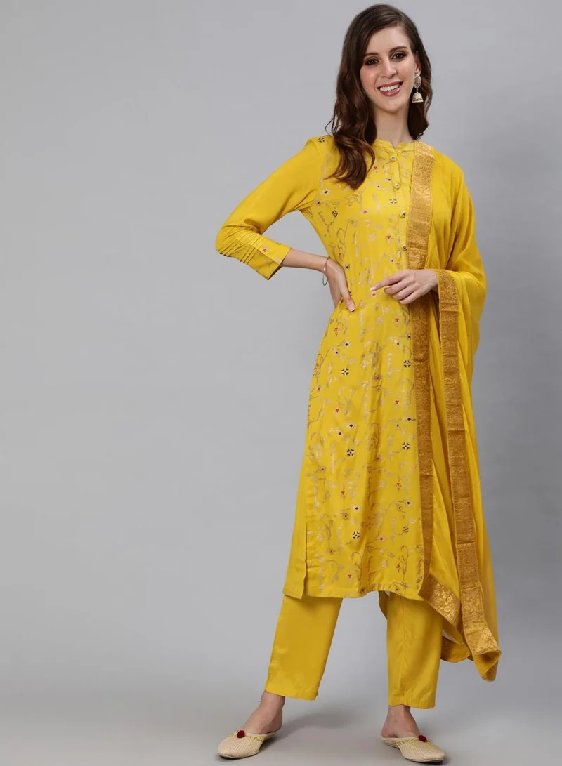 ISHIN Women's Yellow 100% Cotton Printed Tunic Full Length Casual Regular Fit Kurta Set