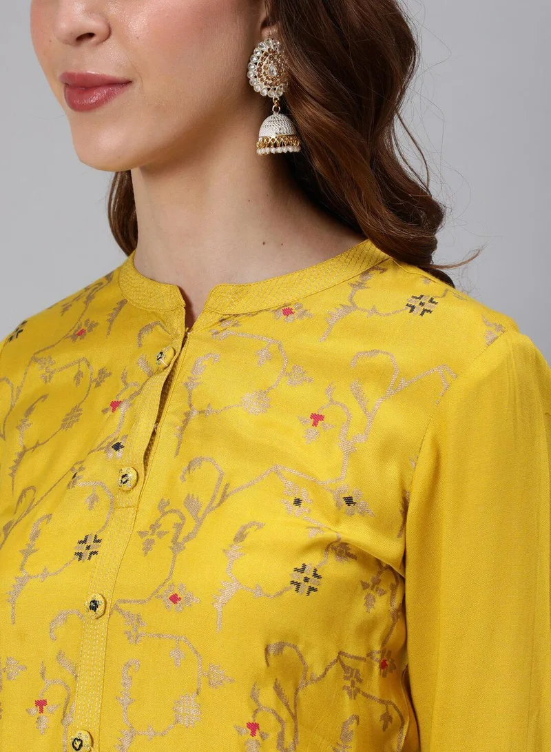 ISHIN Women's Yellow 100% Cotton Printed Tunic Full Length Casual Regular Fit Kurta Set