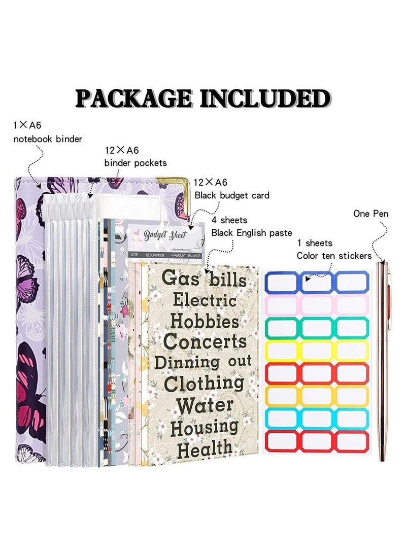 Y&D - Budget Binder, A6 PU Leather Planner Notebook, Cash Envelopes for Budgeting, with 12 Zipper Pockets,12 Small Floral Cards,4 Flower-Shaped English Stickers, 24 1 Pen - Image 1