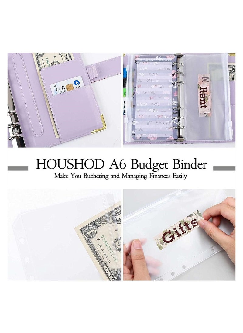 Y&D - Budget Binder, A6 PU Leather Planner Notebook, Cash Envelopes for Budgeting, with 12 Zipper Pockets,12 Small Floral Cards,4 Flower-Shaped English Stickers, 24 1 Pen - Image 1