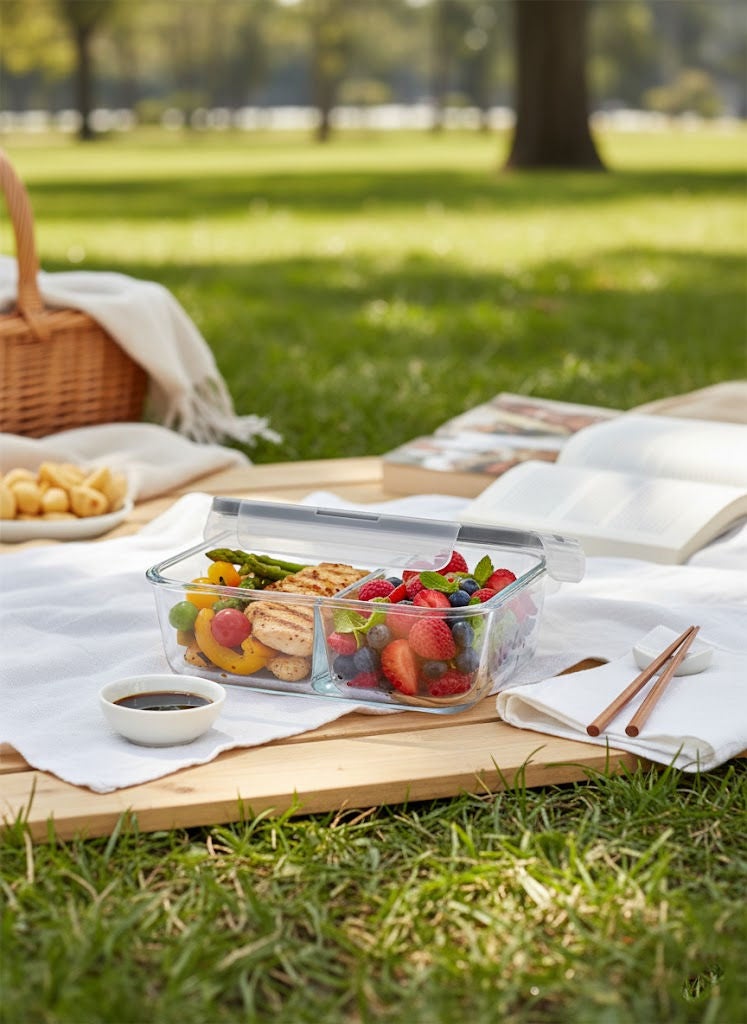 لاف حافظات طعام زجاجية مستطيلة مقسمة بغطاء شفاف/رمادي 720 مل - Image 3