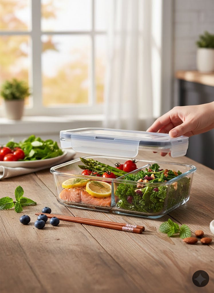 لاف حافظات طعام زجاجية مستطيلة مقسمة بغطاء شفاف/رمادي 720 مل - Image 2