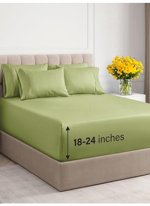 Extra Deep King 6 Piece Bedding Sheet Set - Breathable & Cooling - Hotel Luxury Bed Sheets - Easy Fit - Soft, Wrinkle Free & Comfy Light Olive Green Bedding Sheets - Extra Deep Pockets Bed Sheet Set