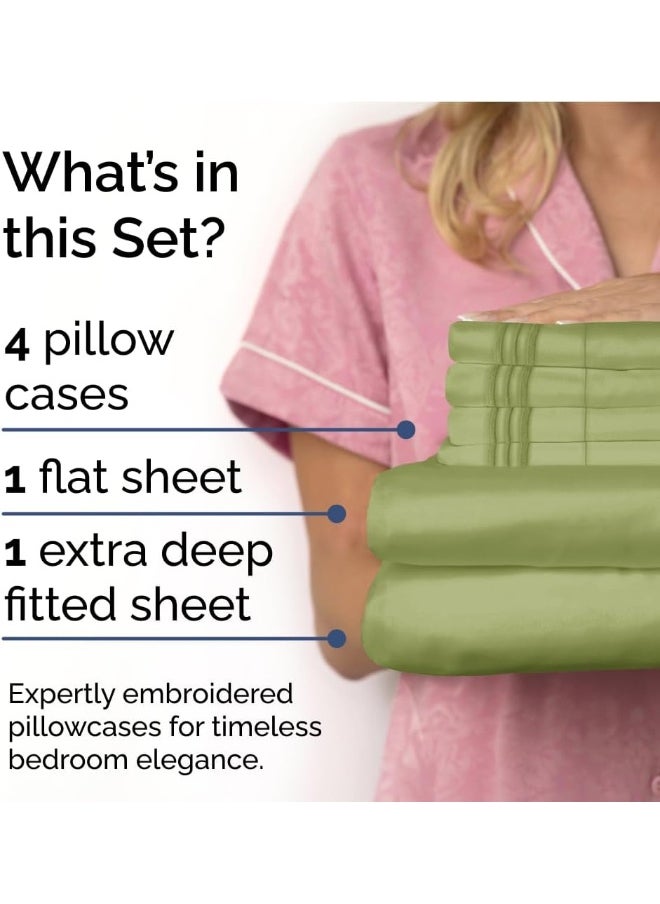 Extra Deep King 6 Piece Bedding Sheet Set - Breathable & Cooling - Hotel Luxury Bed Sheets - Easy Fit - Soft, Wrinkle Free & Comfy Light Olive Green Bedding Sheets - Extra Deep Pockets Bed Sheet Set
