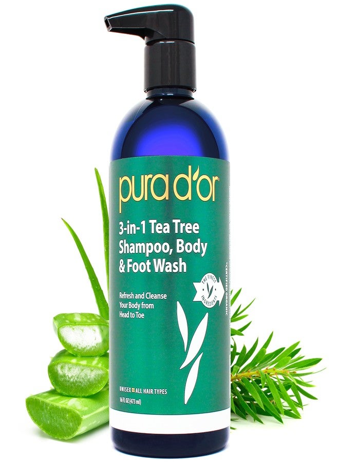 PURA D'OR 16 Oz 3-in-1 Tea Tree Shampoo, Body & Foot Wash, Shampoo - Total Body Care - Foot Odor & Daily Hygiene, Cleansing Routine, Post-Workout Refreshment - Soothes, Invigorates, Nourishes - Image 1