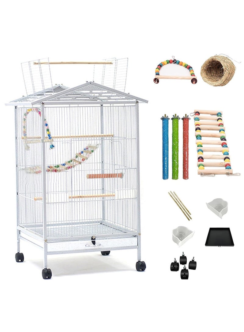 أرابايت قفص طيور Rightsure، قفص طيور صغير متوسط ​​الحجم مفتوح من الأعلى مقاس 34 بوصة، قفص طيور من الحديد المطاوع مع حامل دوار قابل للفصل وغطاء مفتوح للعب، أقفاص طيور للببغاوات والعصافير والكناري (أبيض ممتاز) - Image 1