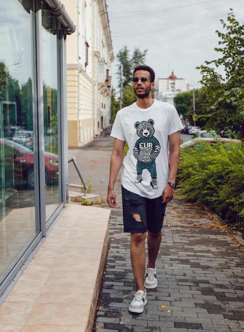 Ai Vista Unisex Eur Bear Graphic T-Shirt White with Round Neck -  XL Regular Fit, Premium Cotton, Urban Streetwear Style - Image 3