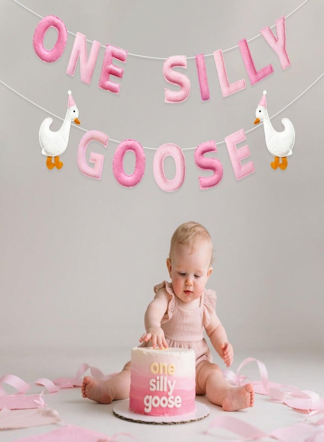 pinkblume One Silly Goose Birthday Decorations Gradient Pink Felt Handmade Pre-Strung 3d Goose 1st Birthday Banner for Baby Girl First Bday Party Decorations Fireplace Nursery Home Wall Decor - Image 5