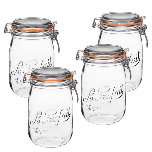 Le Parfait Super Jar, Canning Jars, 1L French Glass Canning Jar w/Round Body, Glass Jars With Airtight Lid, Canning Jars Wide Mouth, Glass Jar With Lid, Clear Jars, Clear Glass Jars (32oz/Quart, 4 pk) - Image 1