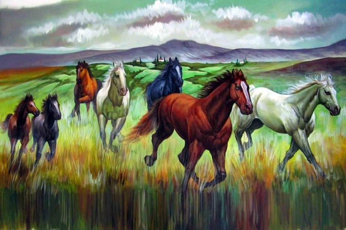 VASTU SEVEN LUCKY RUNNING HORSES SUNRISE ART PRINT FOR WALL PAPERMULTICOLOR7 HORSE LL WR71