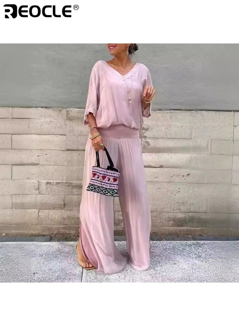 REOCLE Women's Chiffon Sets of 1pc Short Sleeved Blouse & 1pc Pants Casual Outfits V-neck Loose Top FlowingTrousers Elegant Clothing for Daily Wear - Image 1
