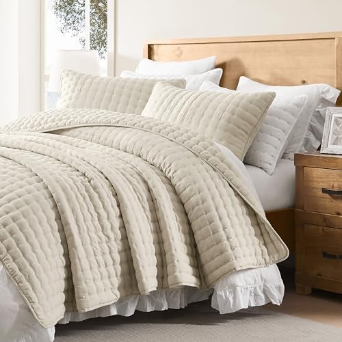 WDCOZY Beige King Size Quilt Bedding Sets with 2 Pillow Shams, Neutral Lightweight Soft Bedspread Coverlet, Quilted Blanket Thin Comforter Bed Cover for All Season, 3 Pieces, 104x90 inches - Image 4
