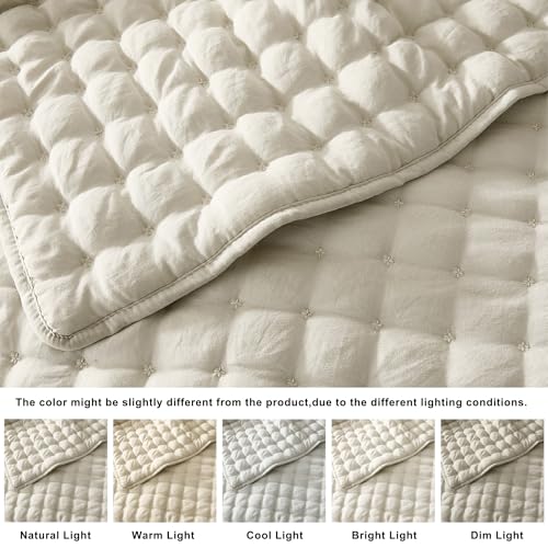 WDCOZY Beige King Size Quilt Bedding Sets with 2 Pillow Shams, Neutral Lightweight Soft Bedspread Coverlet, Quilted Blanket Thin Comforter Bed Cover for All Season, 3 Pieces, 104x90 inches - Image 2