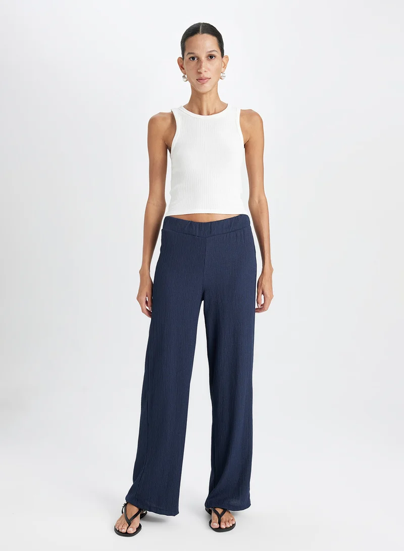 DeFacto Wide Leg Loose Fit Elastic Waist Crinkle Navy Pants