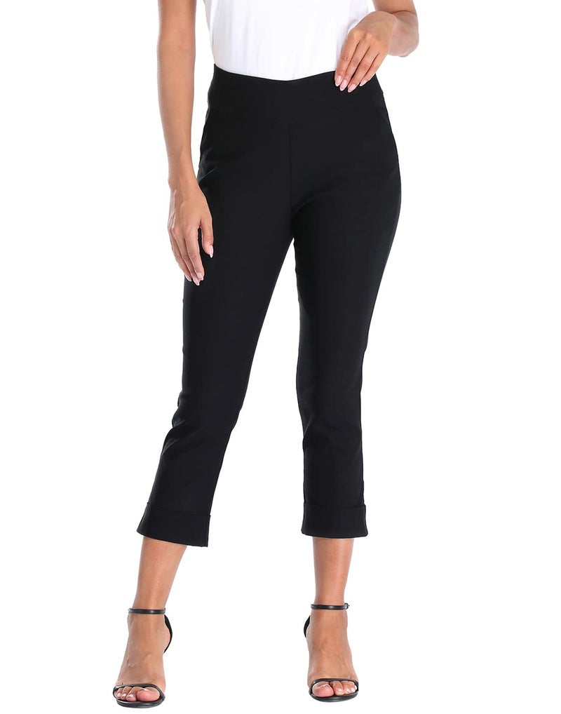 HDE Pull On Capri Pants for Women with Pockets Elastic Waist Cropped Work Pants Black - M - Image 4