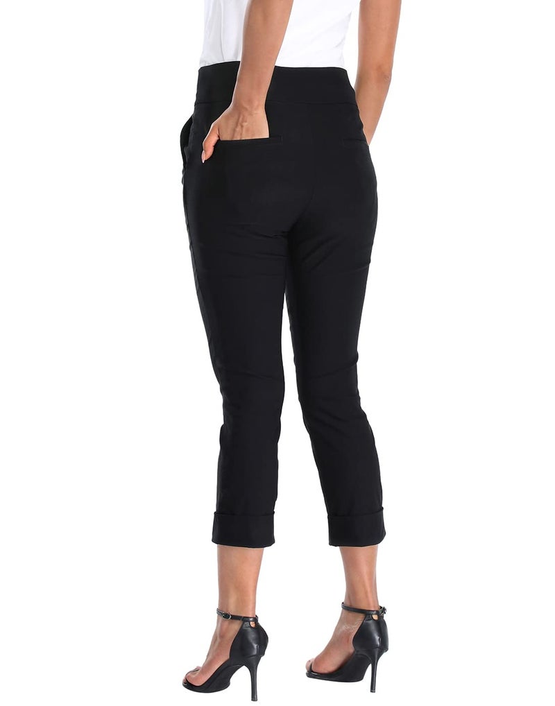 HDE Pull On Capri Pants for Women with Pockets Elastic Waist Cropped Work Pants Black - M - Image 3